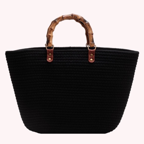 Woven Tote Handbag with Bamboo Resin Handles - Picture 1 of 6